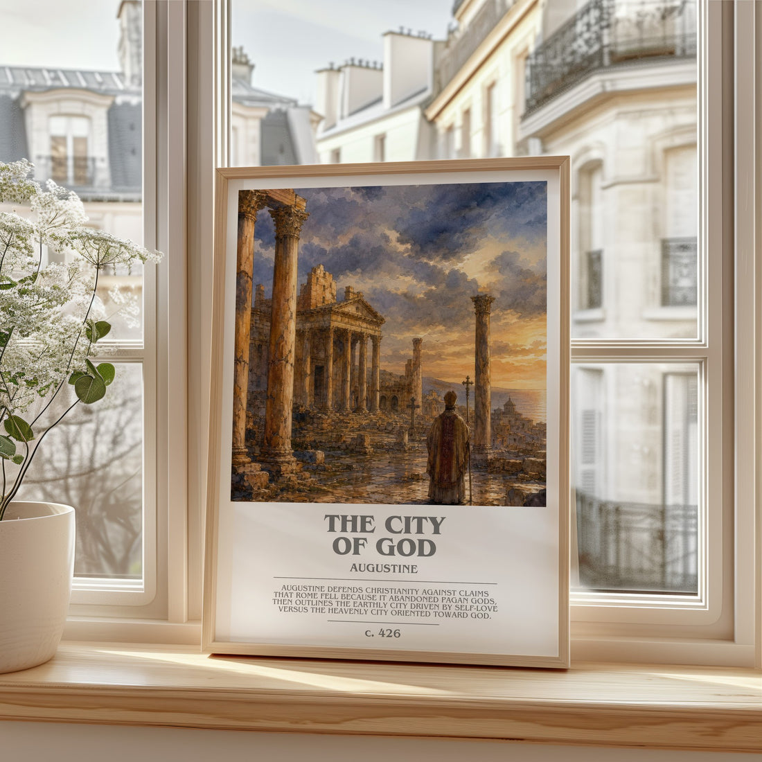 The City of God bookish print in frame leaning in hallway – philosophy wall art