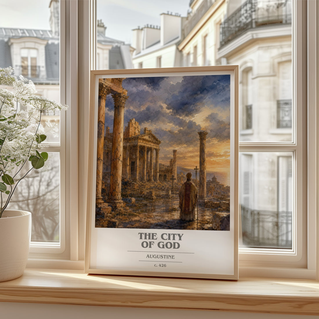 The City of God book cover print in frame leaning in hallway – philosophy wall art