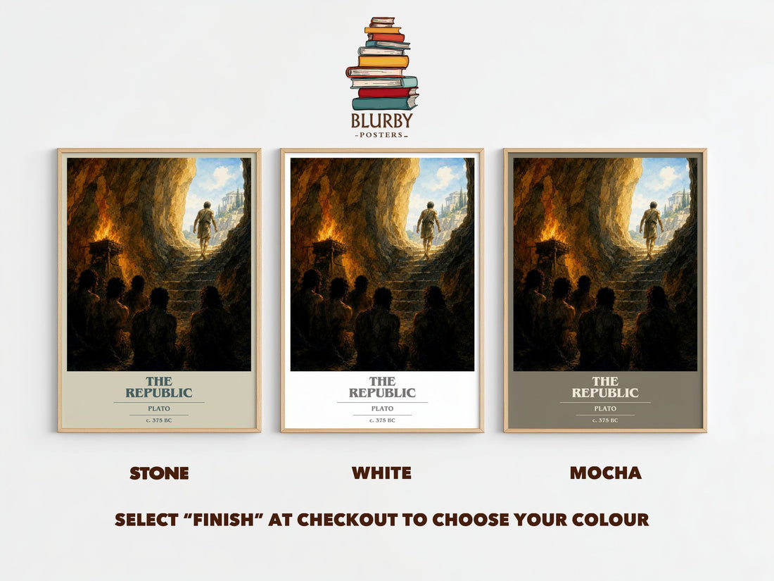 The Republic book cover print framed by window – Stone, White and Mocha side by side – choose your colour