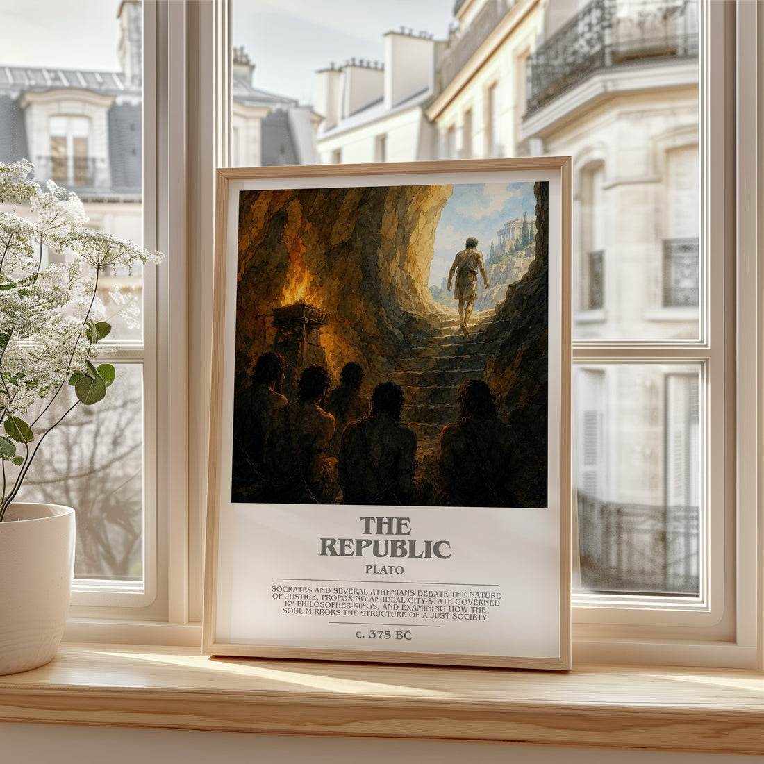 The Republic bookish print in frame leaning in hallway – philosophy wall art