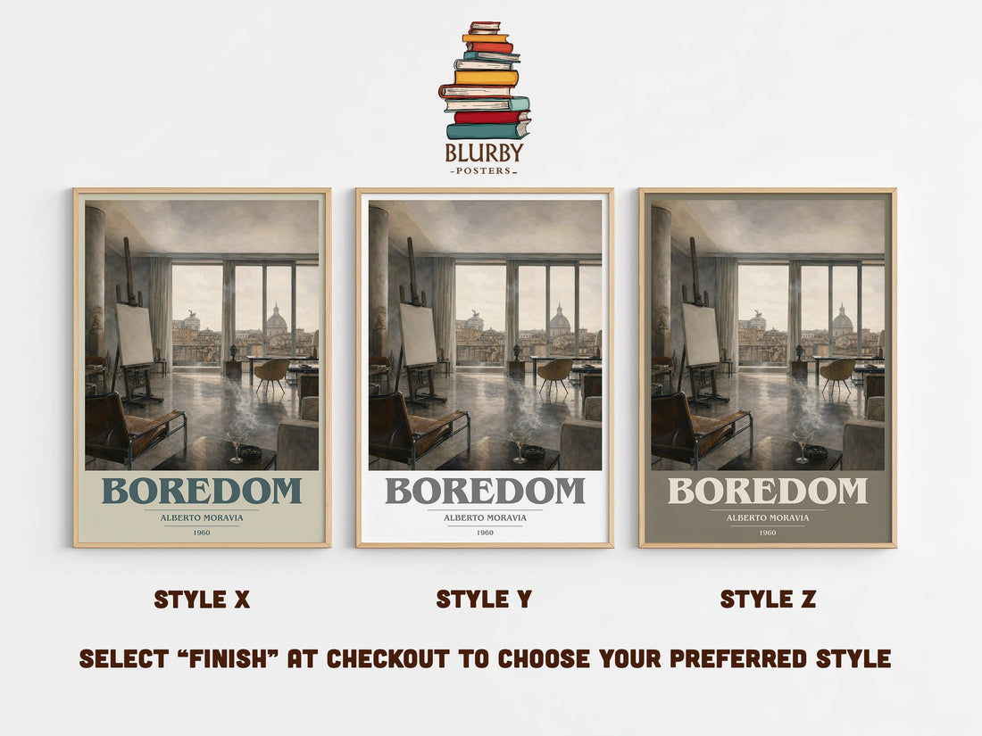 Boredom book cover print in frame leaning in hallway – literary fiction wall art (mockup)