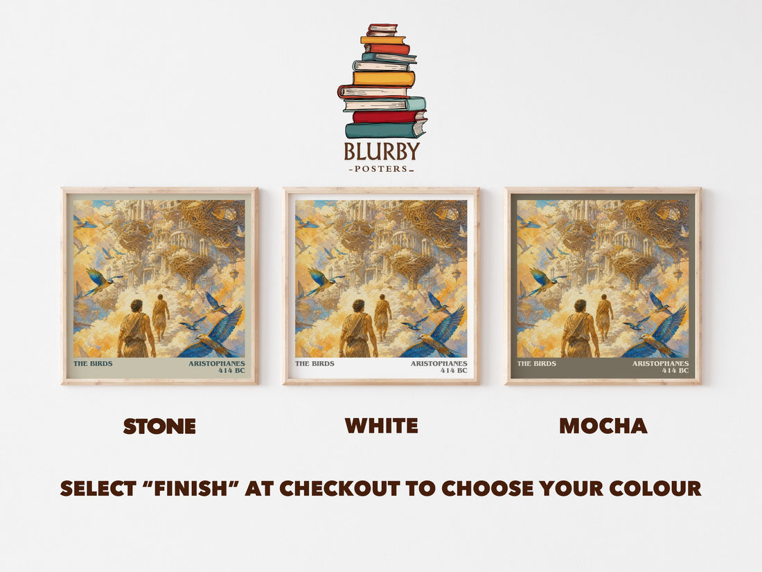 The Birds literary print framed by window – Stone, White and Mocha square prints side by side – choose your colour
