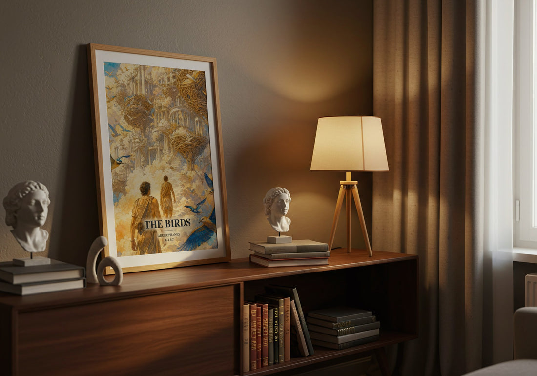 The Birds watercolour print on bookshelf – Aristophanes fan gift