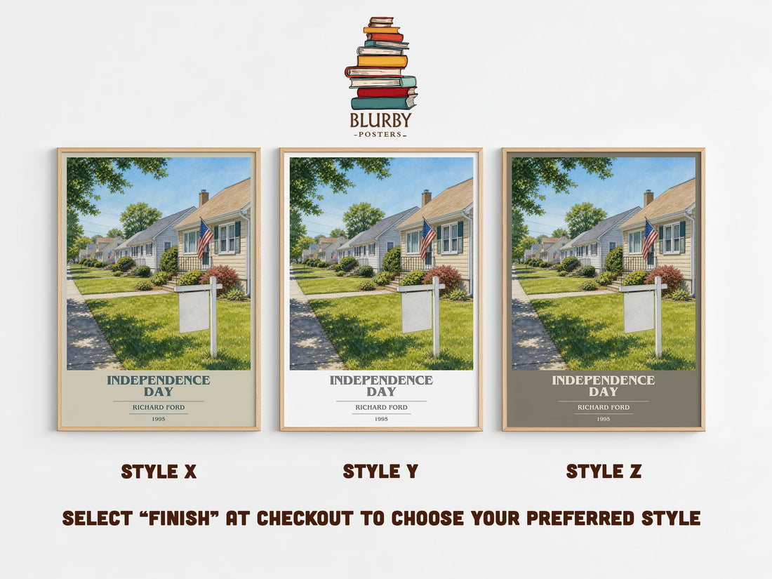 Independence Day book cover print in frame leaning in hallway – literary fiction wall art (mockup)