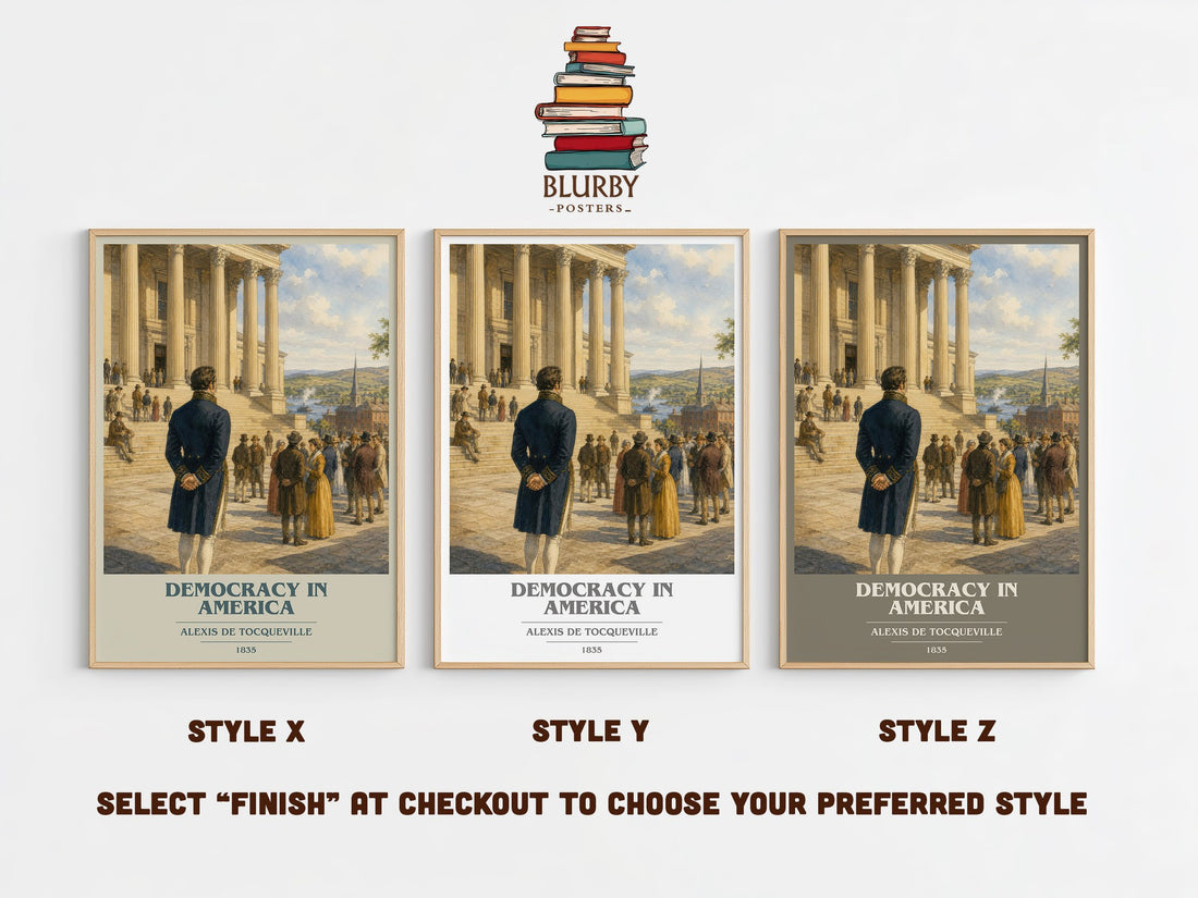 Democracy in America book cover print in frame leaning in hallway – non fiction wall art (mockup)
