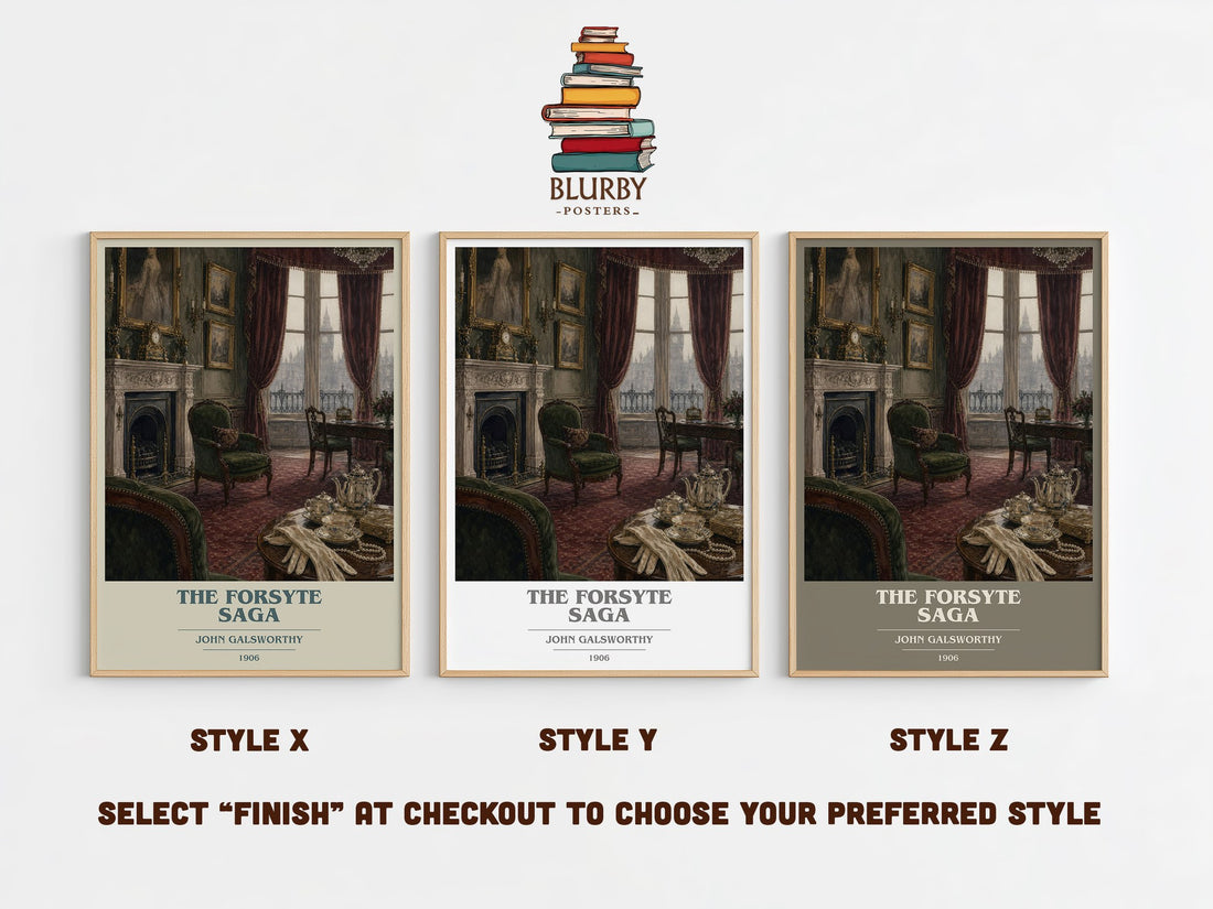 The Forsyte Saga book cover print in frame leaning in hallway – classic literature wall art (mockup)