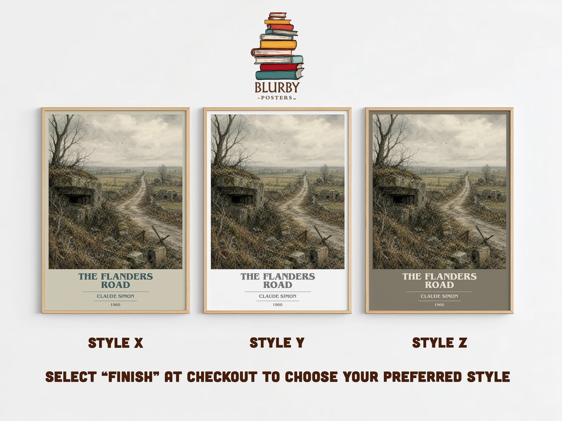 The Flanders Road book cover print in frame leaning in hallway – literary fiction wall art (mockup)