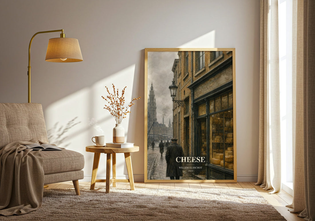 Cheese watercolour print in frame leaning in hallway – satire wall art