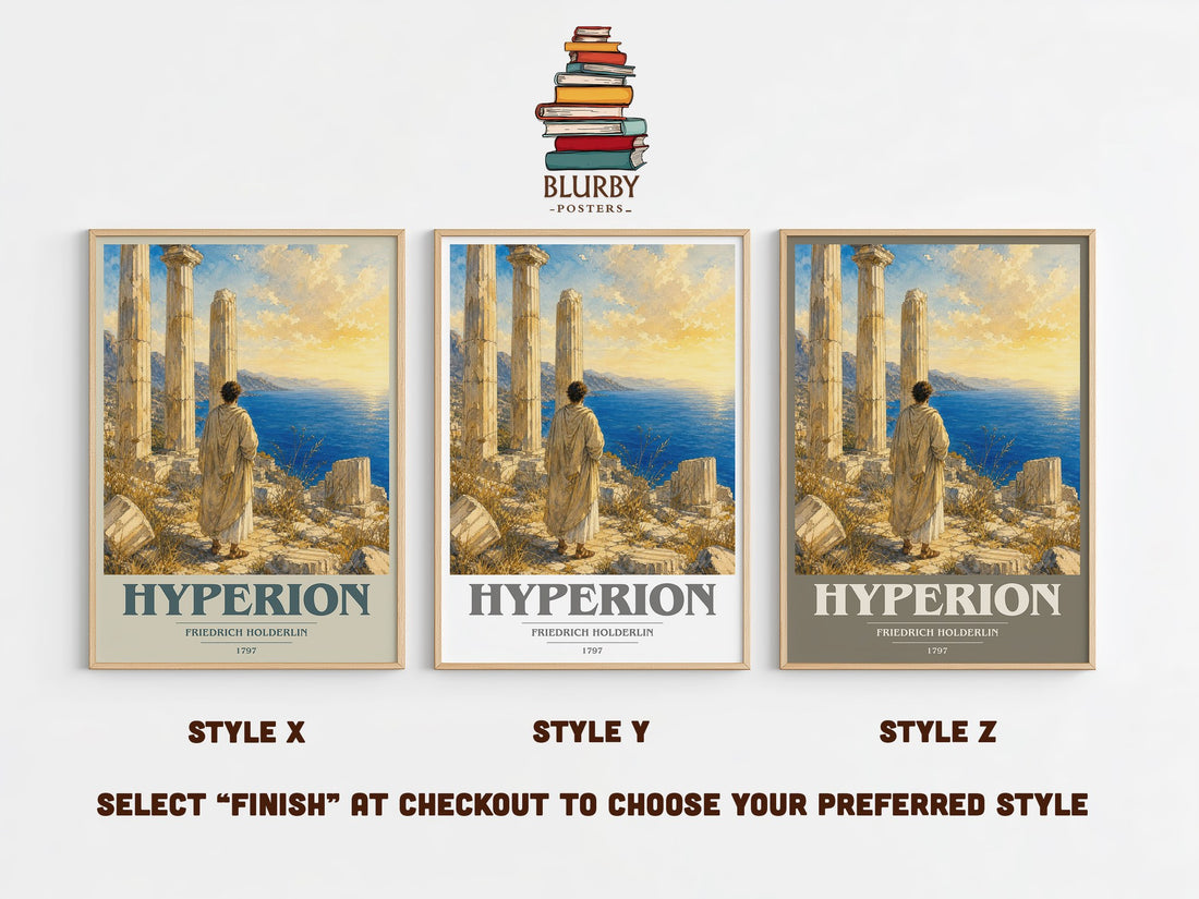 Hyperion book cover print in frame leaning in hallway – philosophy wall art (mockup)