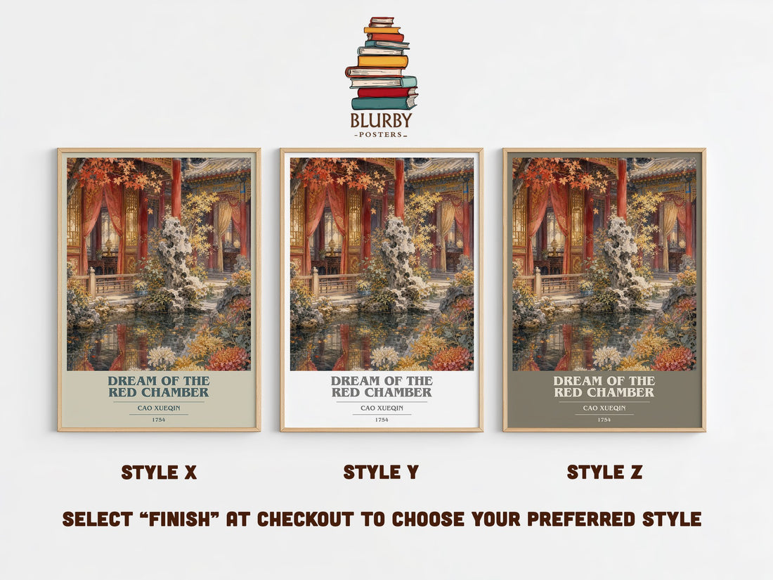 Dream of the Red Chamber book cover print in frame leaning in hallway – classic literature wall art (mockup)