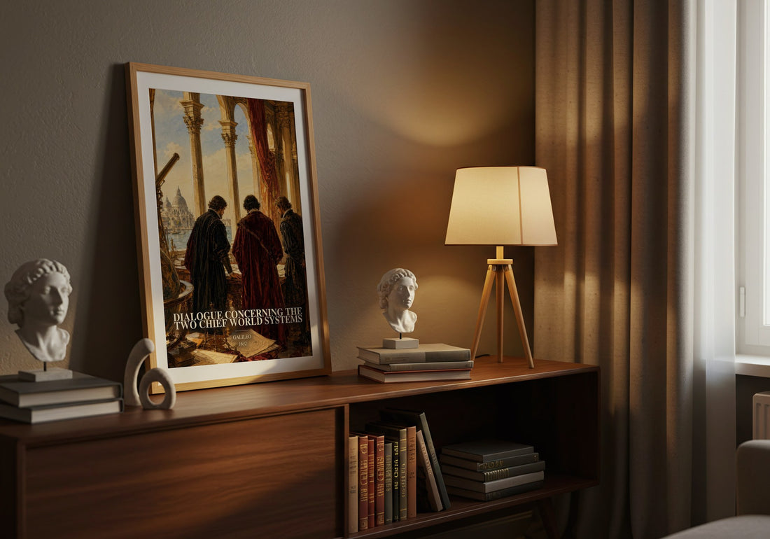Dialogue Concerning the Two Chief World Systems watercolour print on bookshelf – Galileo fan gift