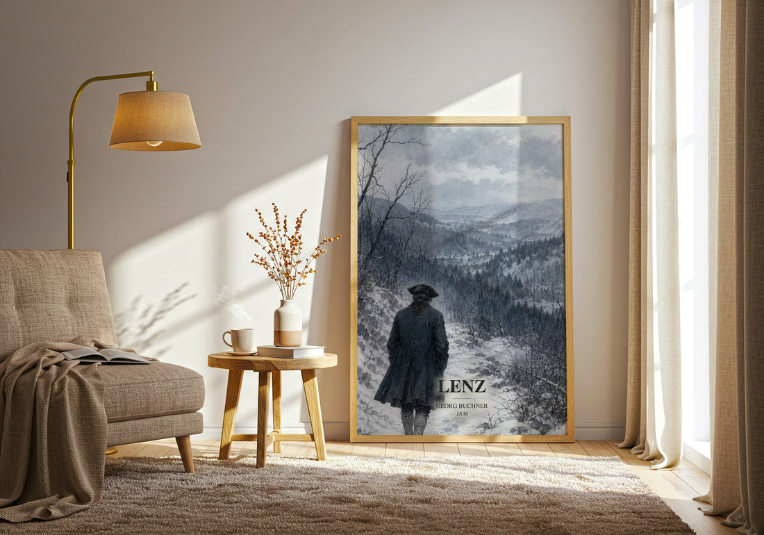 Lenz watercolour print in frame leaning in hallway – literary fiction wall art