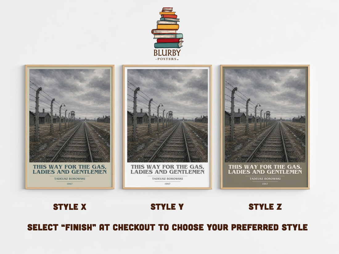 This Way for the Gas, Ladies and Gentlemen book cover print in frame leaning in hallway – memoir wall art (mockup)