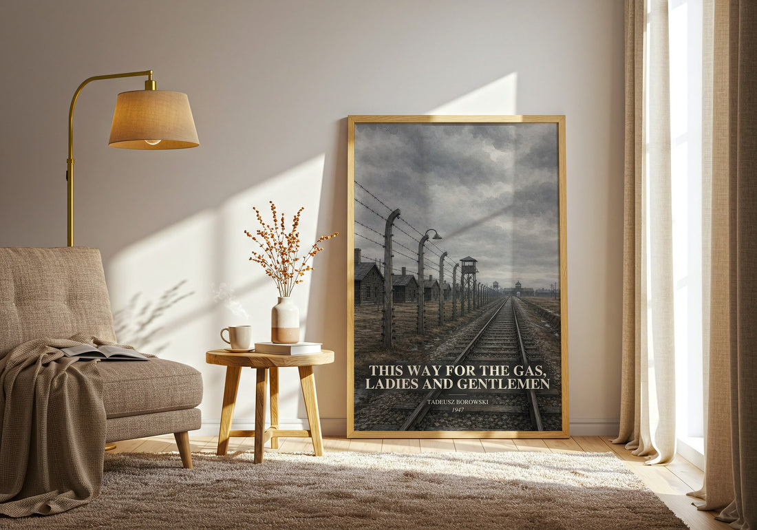 This Way for the Gas, Ladies and Gentlemen watercolour print in frame leaning in hallway – memoir wall art