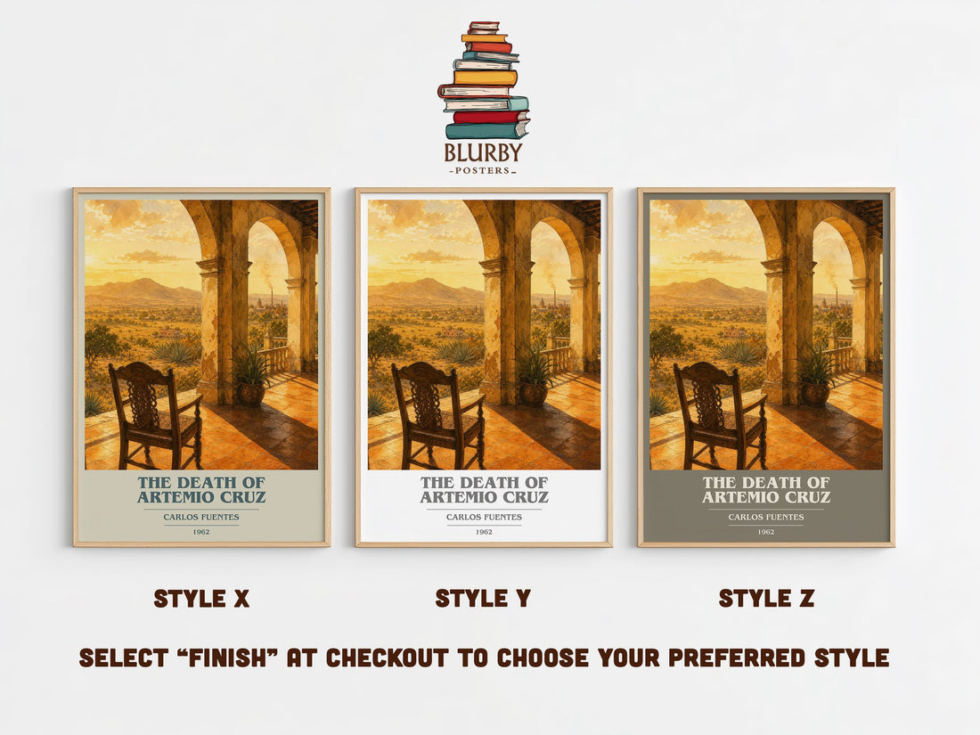 The Death of Artemio Cruz book cover print in frame leaning in hallway – literary fiction wall art (mockup)