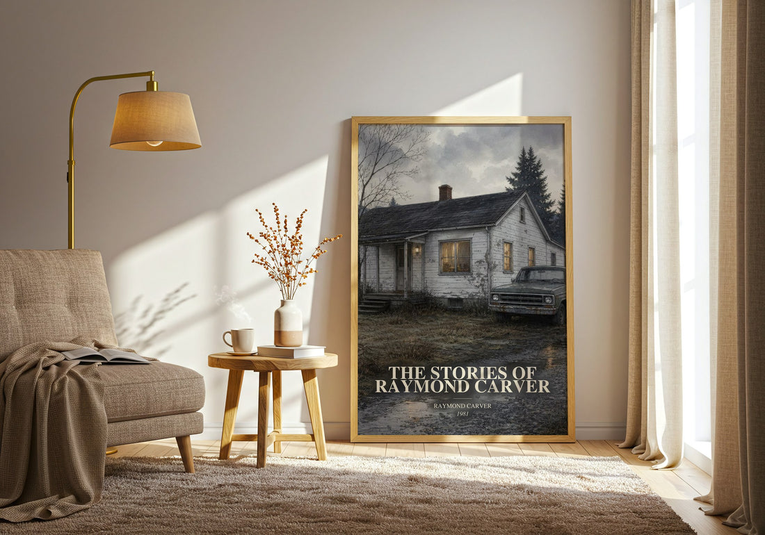 The Stories of Raymond Carver watercolour print in frame leaning in hallway – literary fiction wall art