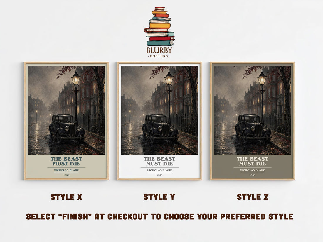 The Beast Must Die book cover print in frame leaning in hallway – crime wall art (mockup)