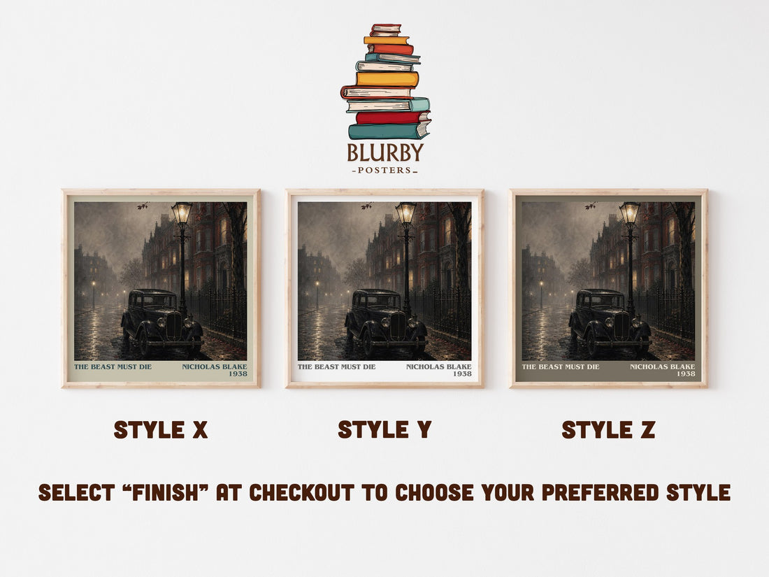 The Beast Must Die literary print in frame leaning in hallway – crime wall art (mockup)