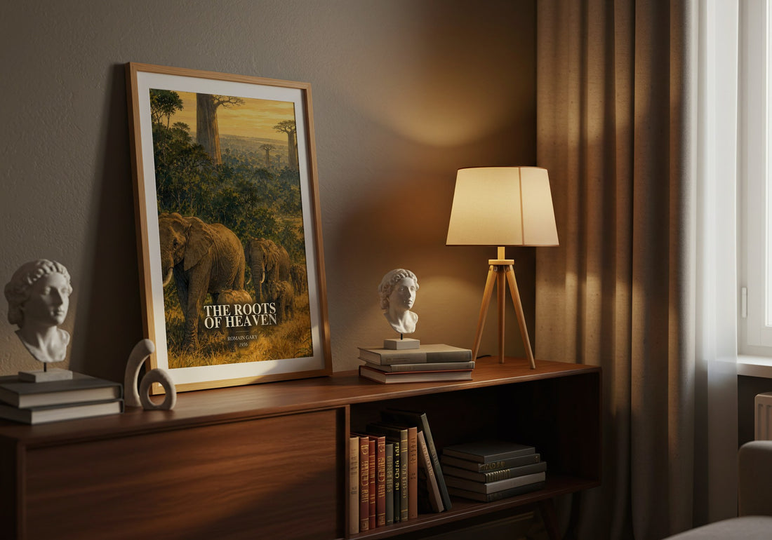 The Roots of Heaven watercolour print on bookshelf – Romain Gary fan gift