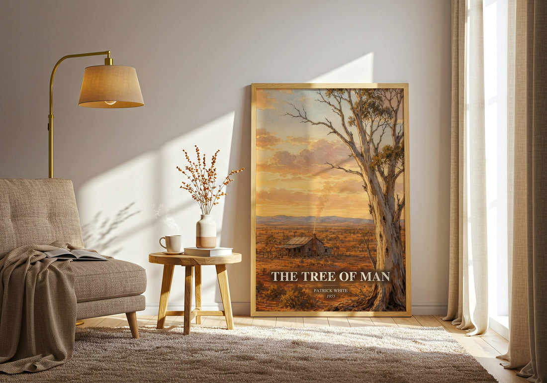The Tree of Man watercolour print in frame leaning in hallway – literary fiction wall art