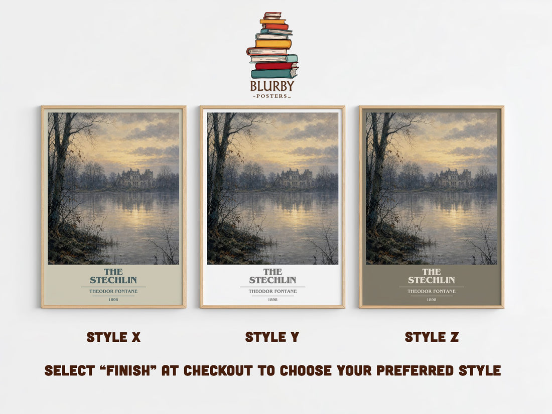 The Stechlin book cover print in frame leaning in hallway – classic literature wall art (mockup)
