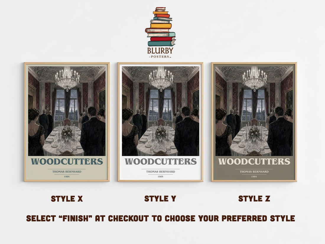 Woodcutters book cover print in frame leaning in hallway – literary fiction wall art (mockup)