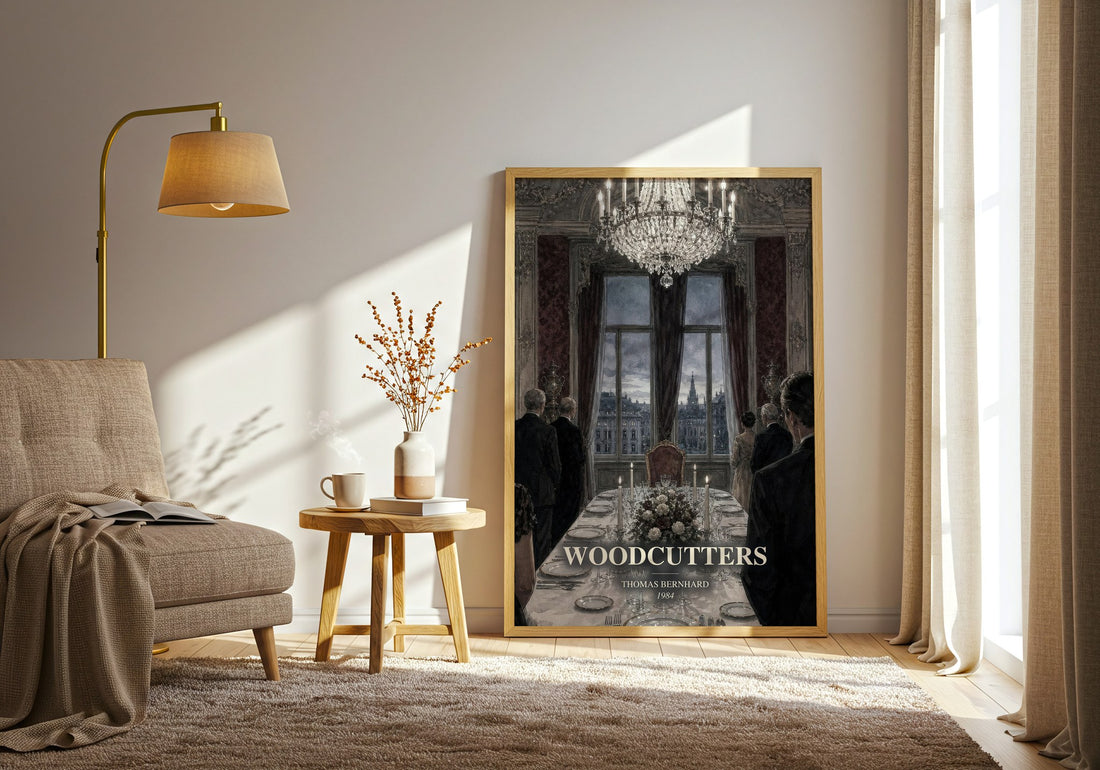 Woodcutters watercolour print in frame leaning in hallway – literary fiction wall art