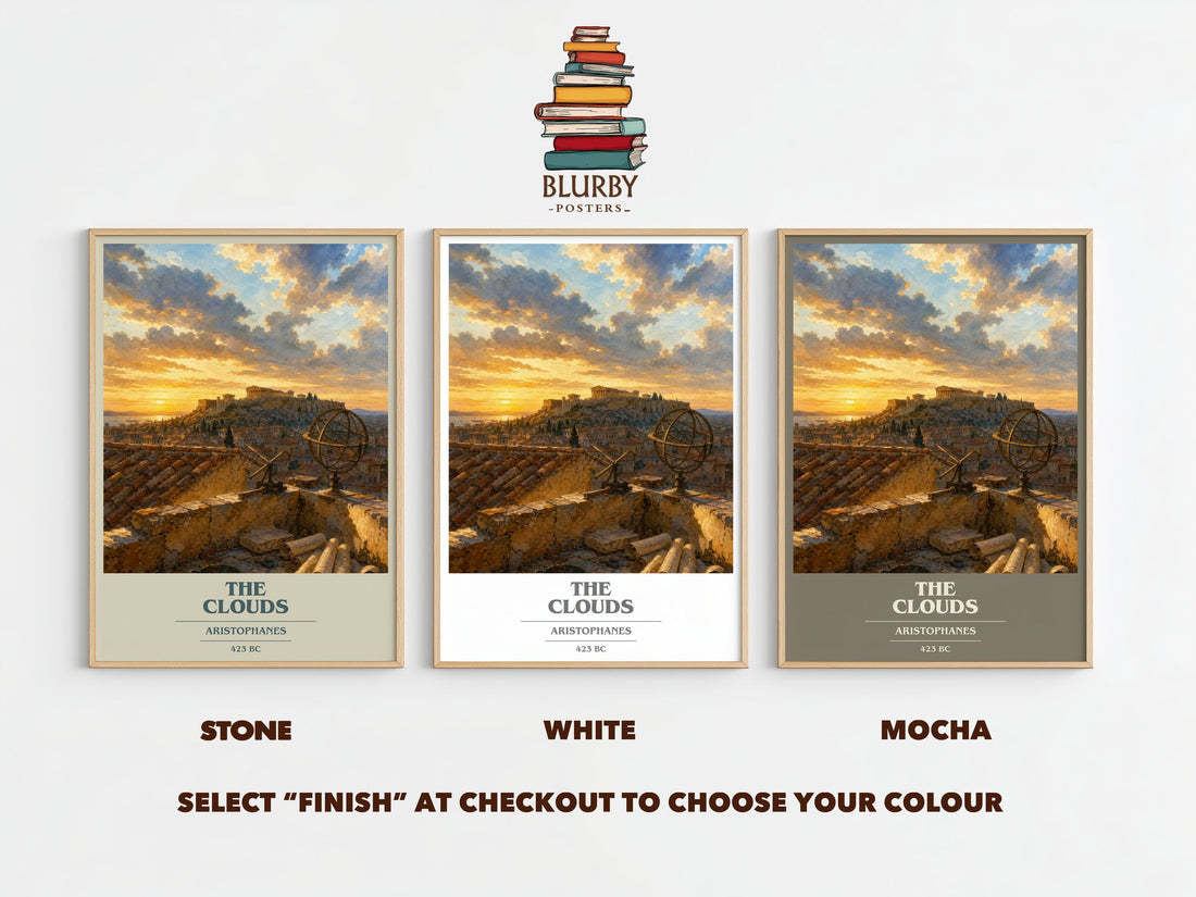 The Clouds book cover print framed by window – Stone, White and Mocha side by side – choose your colour