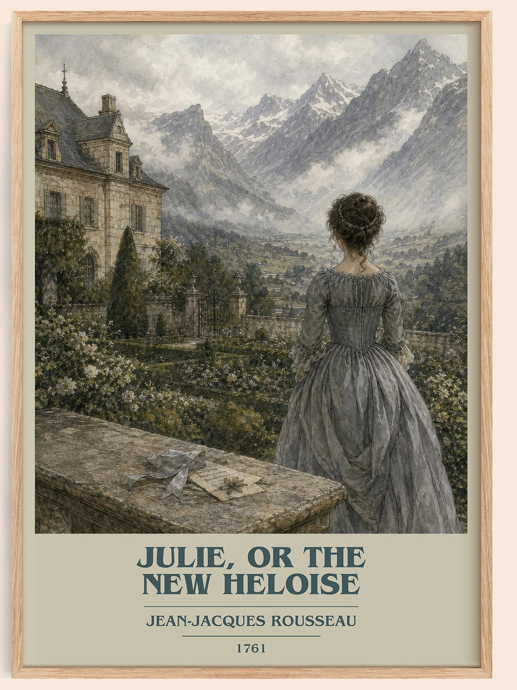 Julie, or the New Heloise book cover book poster by Jean-Jacques Rousseau – framed literary art print