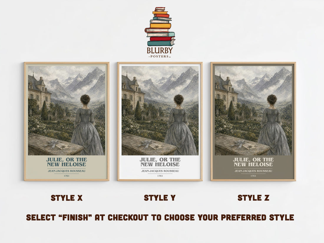 Julie, or the New Heloise book cover print in frame leaning in hallway – philosophy wall art (mockup)