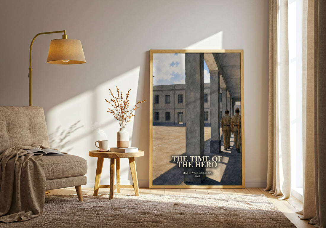 The Time of the Hero watercolour print in frame leaning in hallway – literary fiction wall art