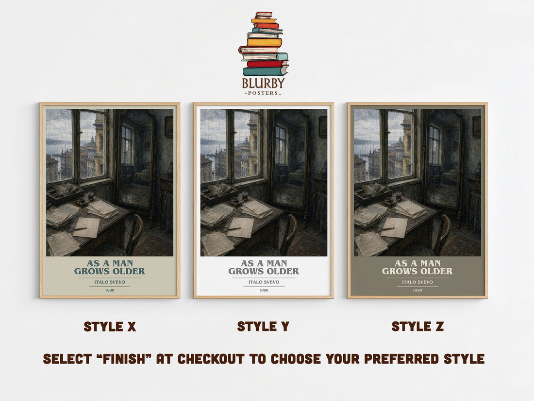 As A Man Grows Older book cover print in frame leaning in hallway – literary fiction wall art (mockup)