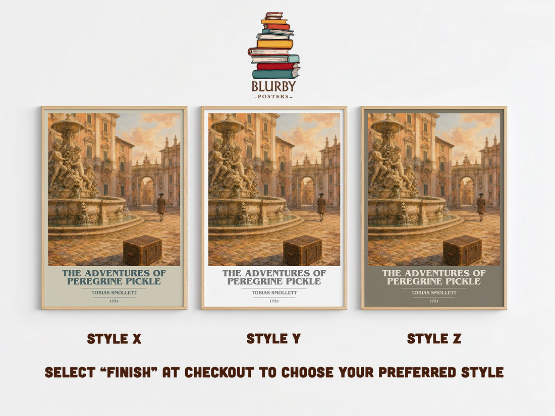 The Adventures of Peregrine Pickle book cover print in frame leaning in hallway – classic literature wall art (mockup)