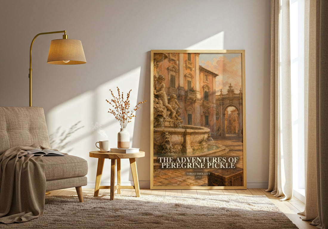 The Adventures of Peregrine Pickle watercolour print in frame leaning in hallway – classic literature wall art