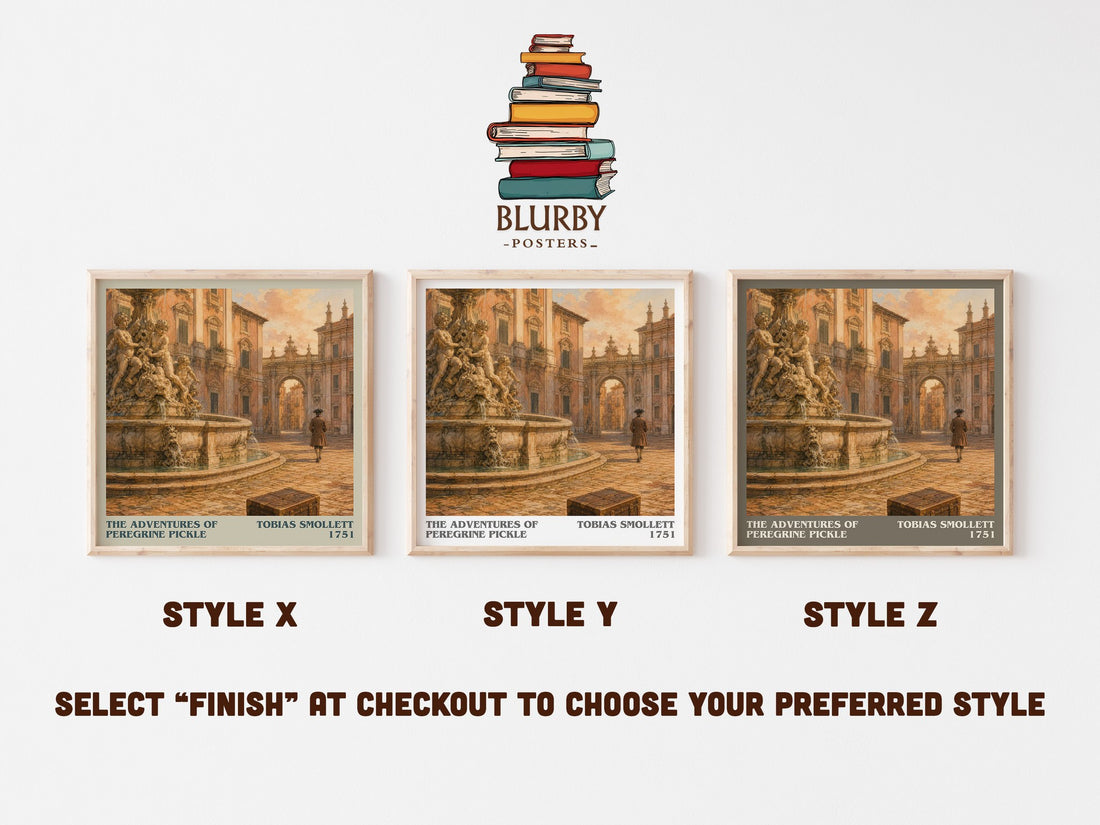 The Adventures of Peregrine Pickle literary print in frame leaning in hallway – classic literature wall art (mockup)