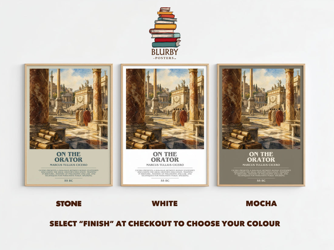 On The Orator bookish print framed by window – Stone, White and Mocha side by side – choose your colour