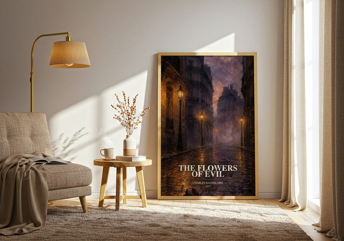 The Flowers of Evil watercolour print in frame leaning in hallway – poetry wall art