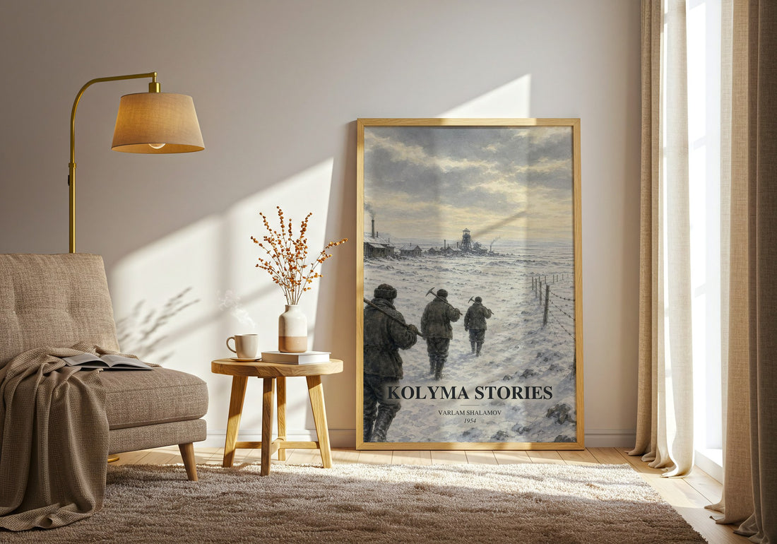 Kolyma Stories watercolour print in frame leaning in hallway – memoir wall art