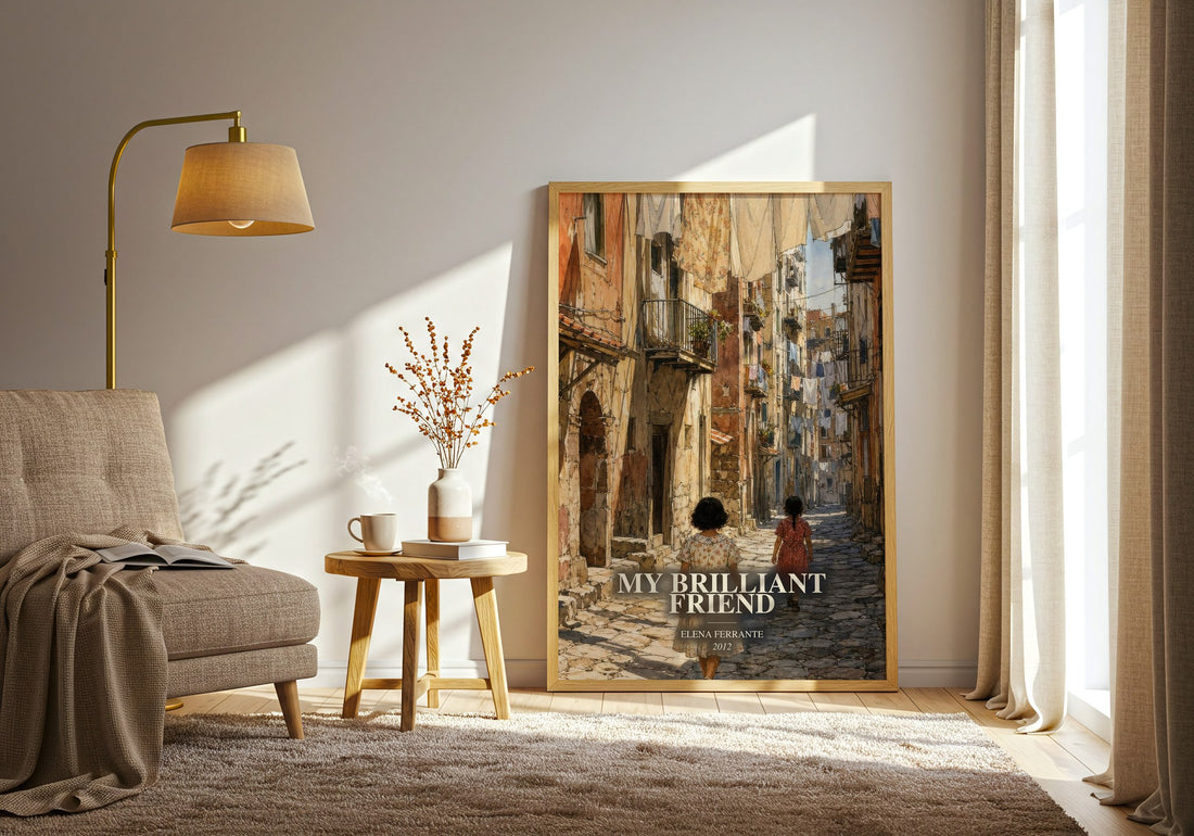 My Brilliant Friend watercolour print in frame leaning in hallway – contemporary fiction wall art