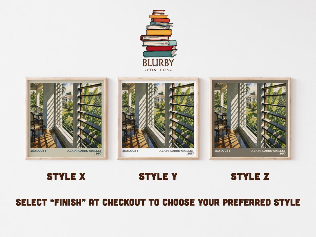 Jealousy literary print in frame leaning in hallway – literary fiction wall art (mockup)