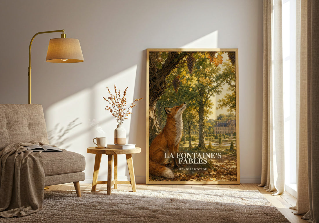 La Fontaine's Fables watercolour print in frame leaning in hallway – classic literature wall art