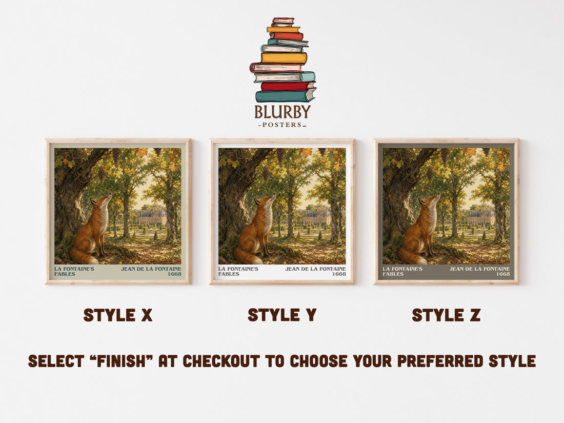 La Fontaine's Fables literary print in frame leaning in hallway – classic literature wall art (mockup)