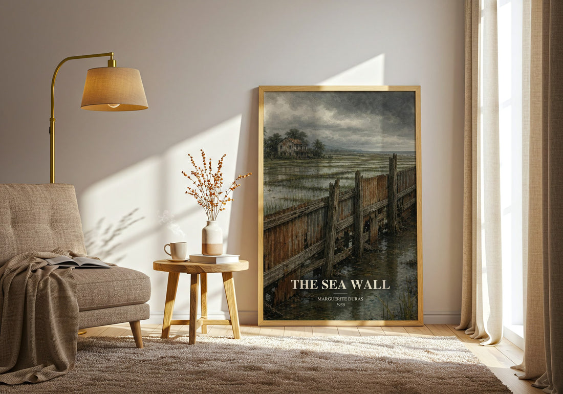 The Sea Wall watercolour print in frame leaning in hallway – literary fiction wall art