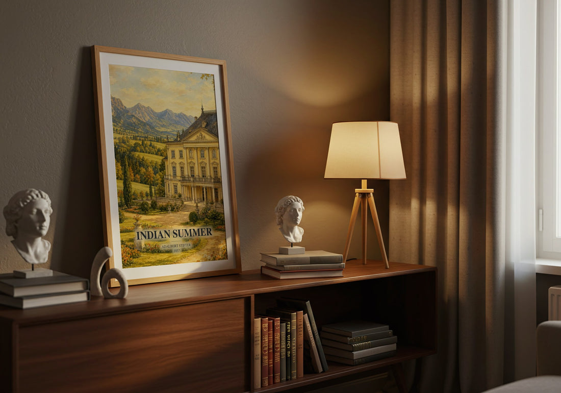 Indian Summer watercolour print on bookshelf – Adalbert Stifter fan gift