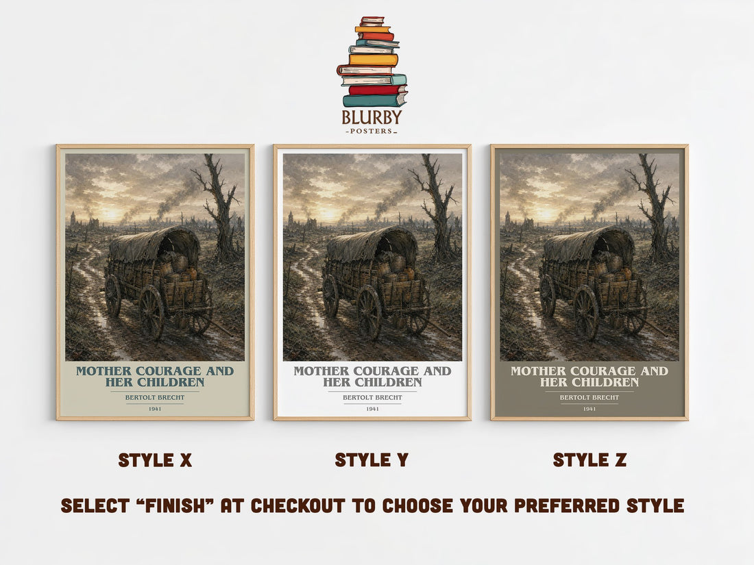Mother Courage and Her Children book cover print in frame leaning in hallway – classic literature wall art (mockup)