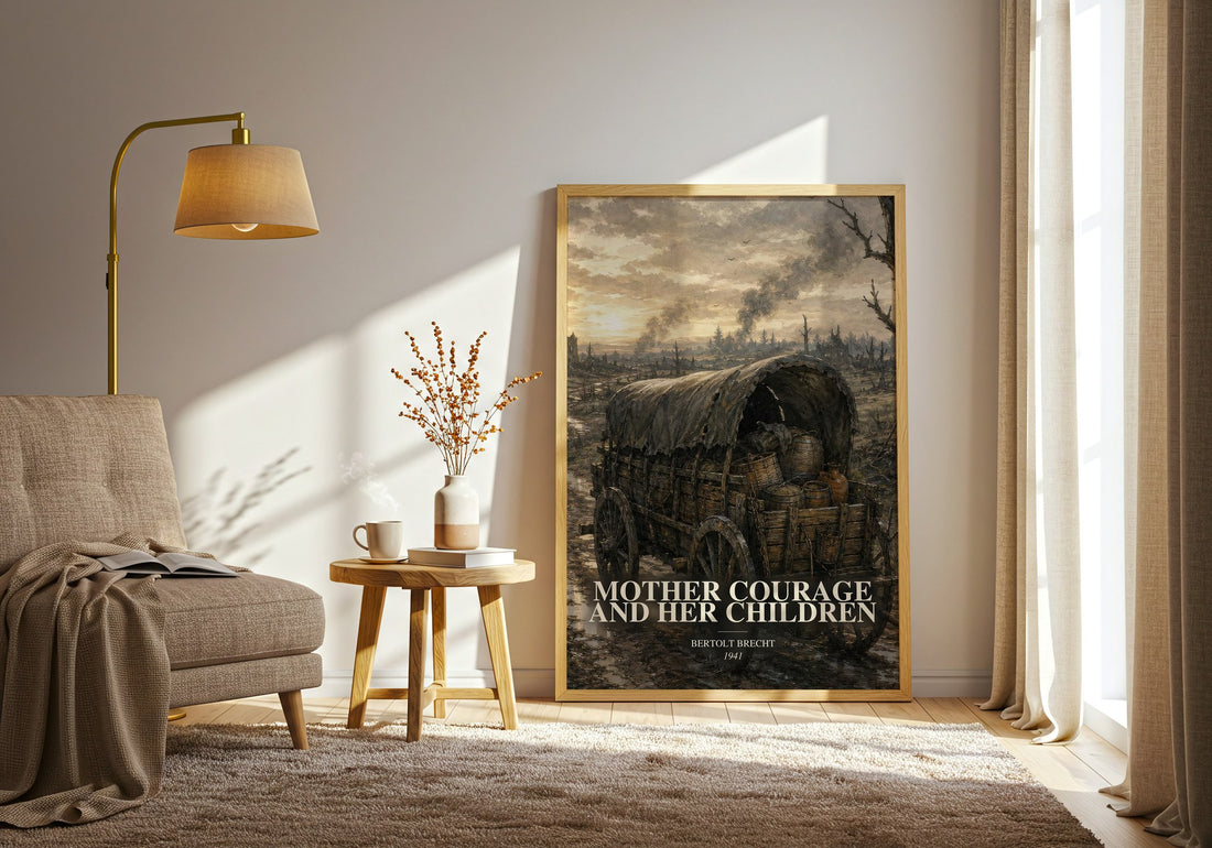 Mother Courage and Her Children watercolour print in frame leaning in hallway – classic literature wall art