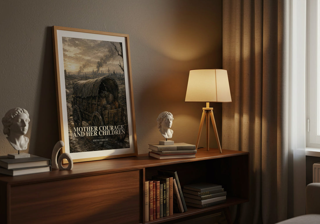 Mother Courage and Her Children watercolour print on bookshelf – Bertolt Brecht fan gift