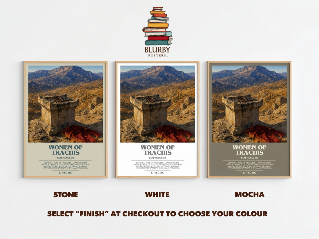 Women of Trachis bookish print framed by window – Stone, White and Mocha side by side – choose your colour