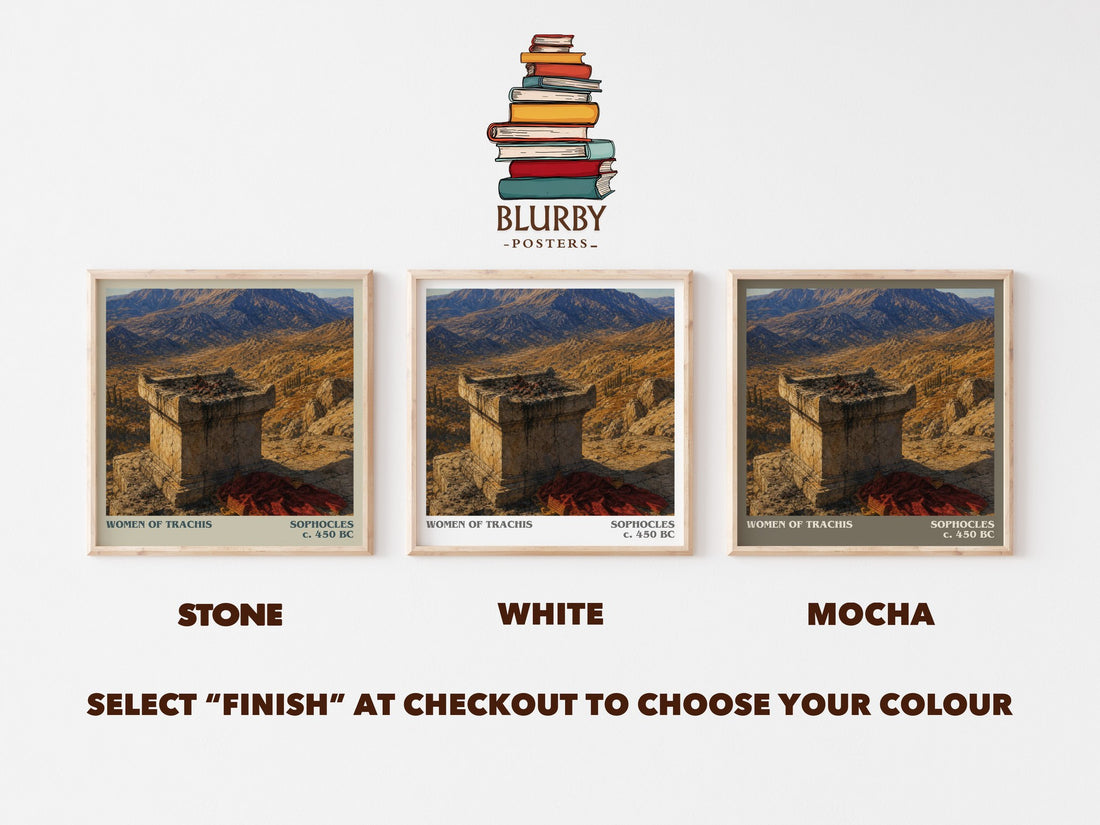 Women of Trachis literary print framed by window – Stone, White and Mocha square prints side by side – choose your colour