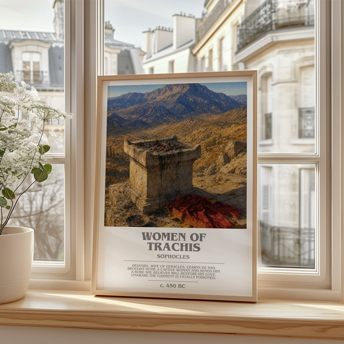 Women of Trachis bookish print in frame leaning in hallway – classic literature wall art
